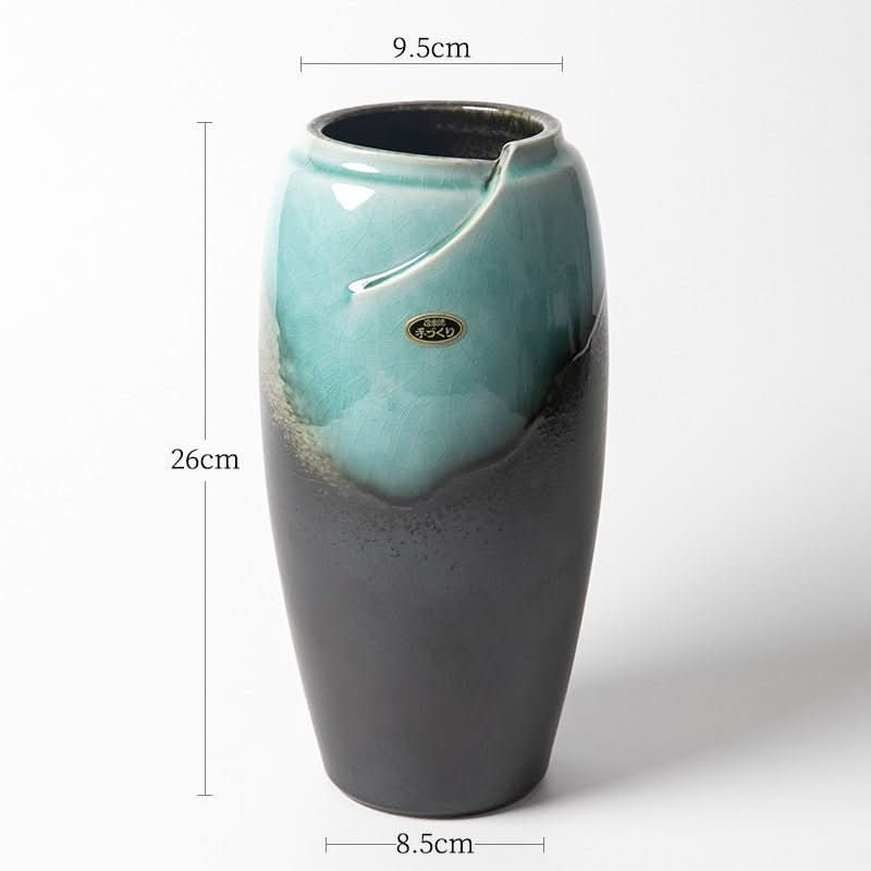 Japanese Kiln Long Handmade Vase, teal & charcoal ceramic, 26cm tall